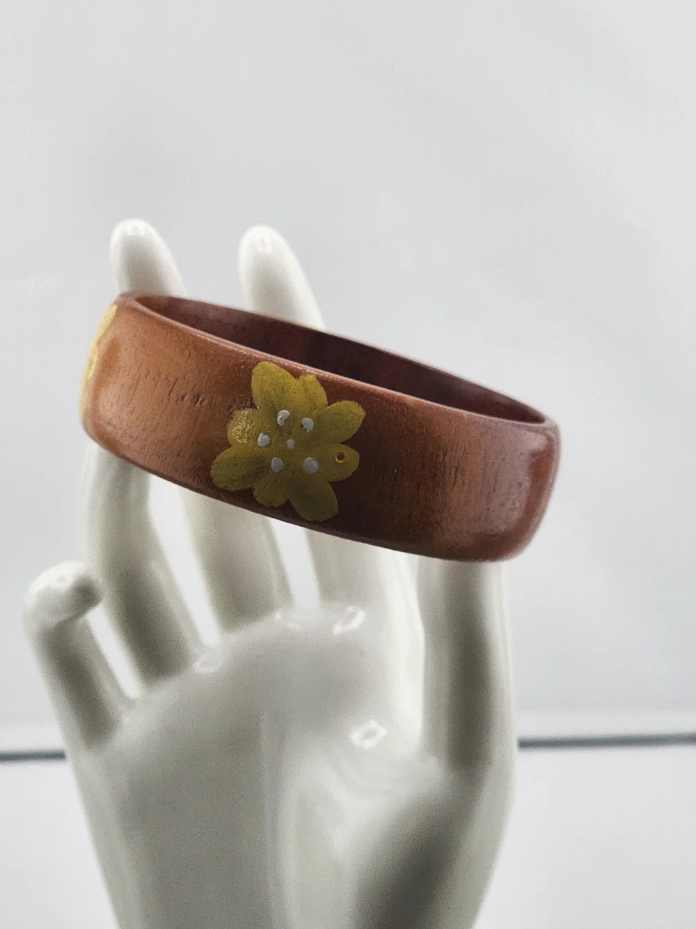 7.5in Hand-Painted Brown Wood Bangle with Yellow Floral Accents